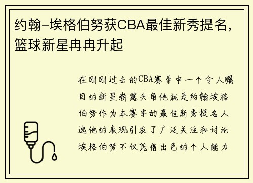 约翰-埃格伯努获CBA最佳新秀提名，篮球新星冉冉升起